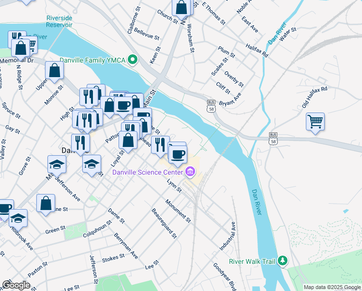 map of restaurants, bars, coffee shops, grocery stores, and more near 527 Bridge Street in Danville