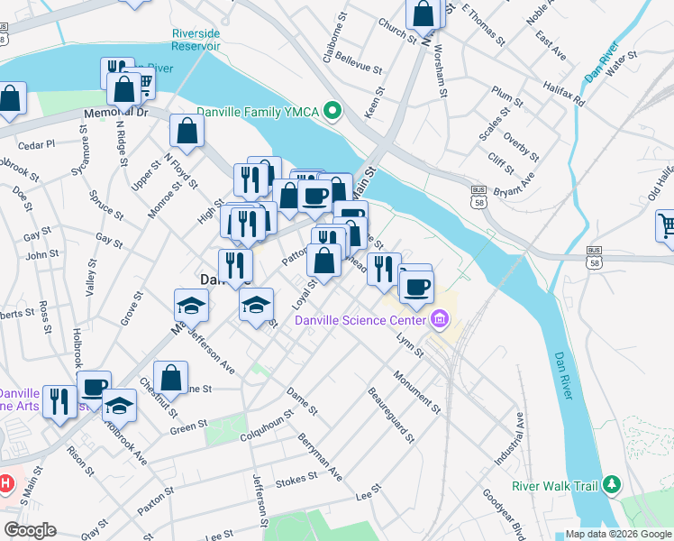 map of restaurants, bars, coffee shops, grocery stores, and more near 318 Craghead Street in Danville