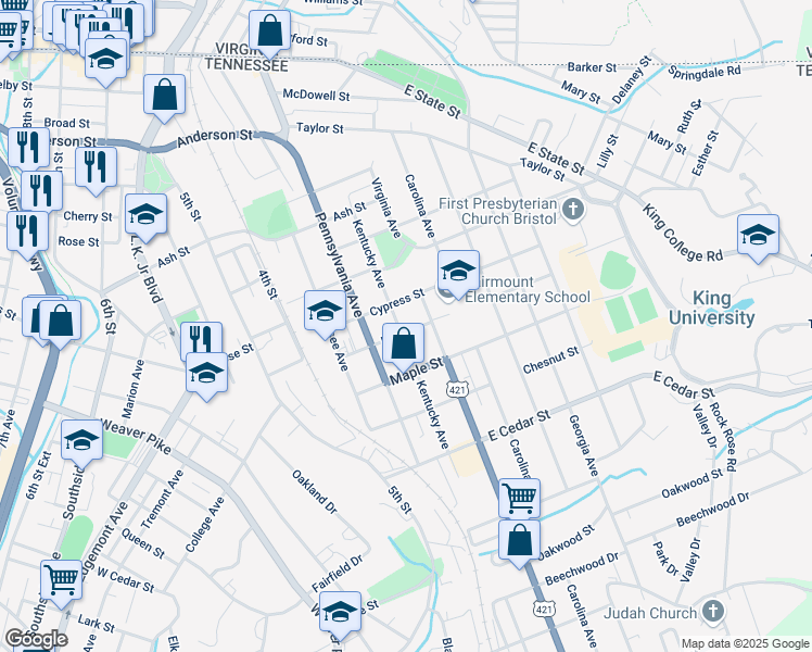 map of restaurants, bars, coffee shops, grocery stores, and more near 825 Kentucky Avenue in Bristol
