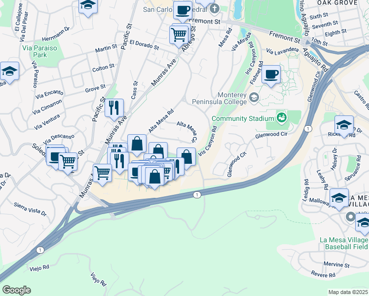 map of restaurants, bars, coffee shops, grocery stores, and more near 59 Alta Mesa Circle in Monterey
