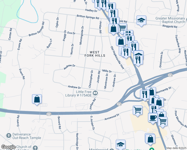 map of restaurants, bars, coffee shops, grocery stores, and more near 403 Jordan Road in Clarksville