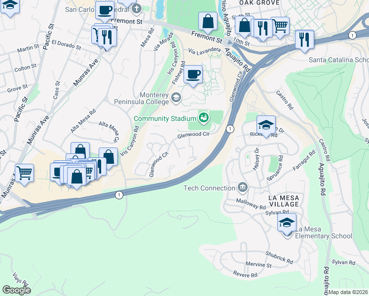 map of restaurants, bars, coffee shops, grocery stores, and more near 500 Glenwood Circle in Monterey