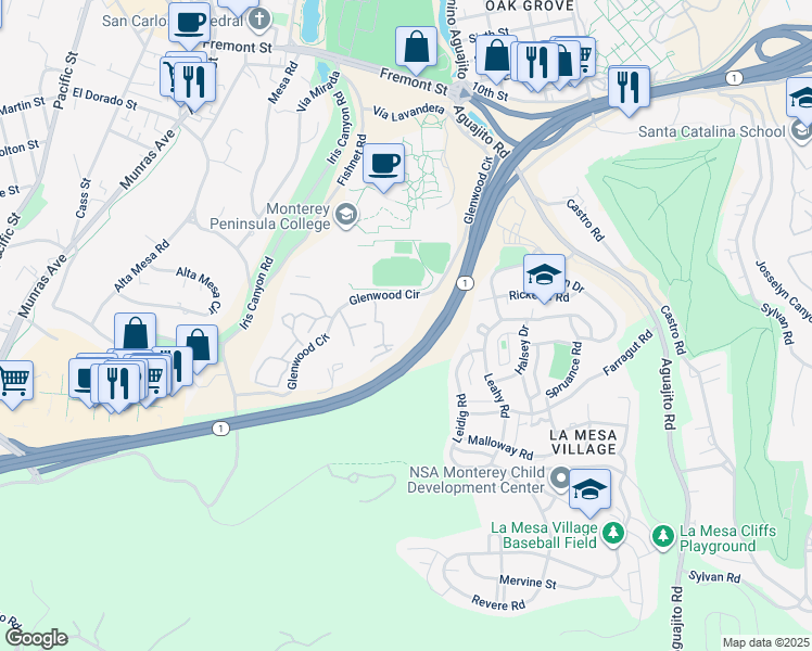 map of restaurants, bars, coffee shops, grocery stores, and more near 500 Glenwood Circle in Monterey