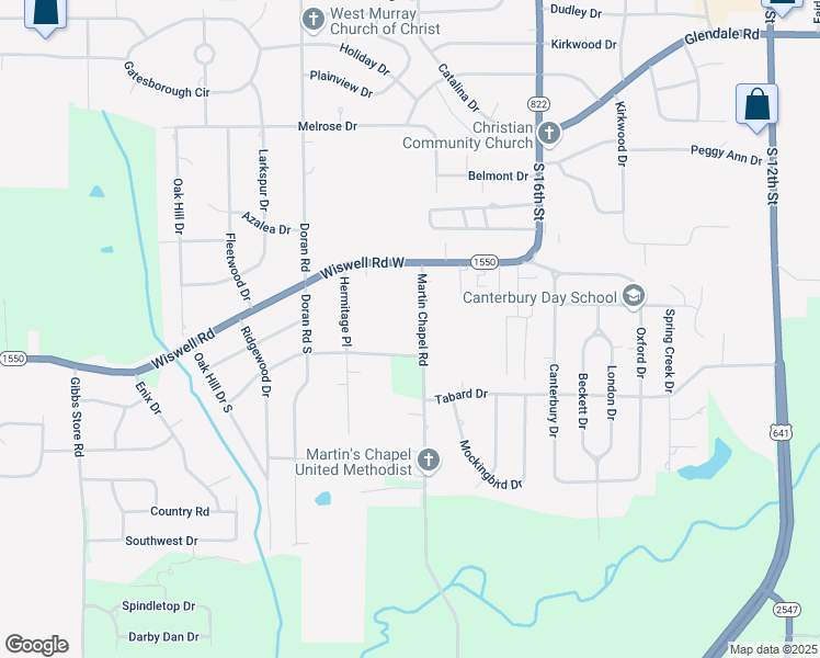 map of restaurants, bars, coffee shops, grocery stores, and more near 1514 Martin Chapel Road in Murray