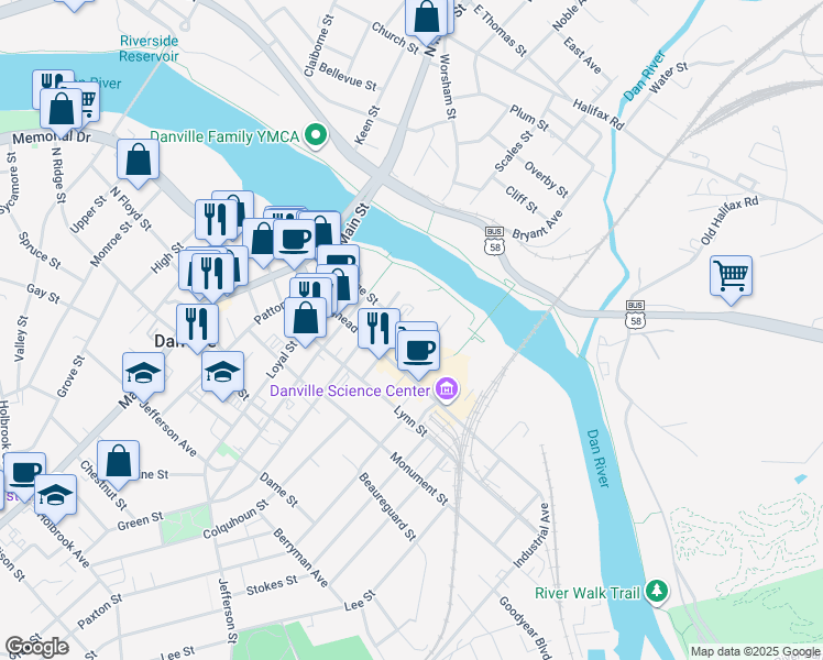 map of restaurants, bars, coffee shops, grocery stores, and more near 527 Bridge Street in Danville