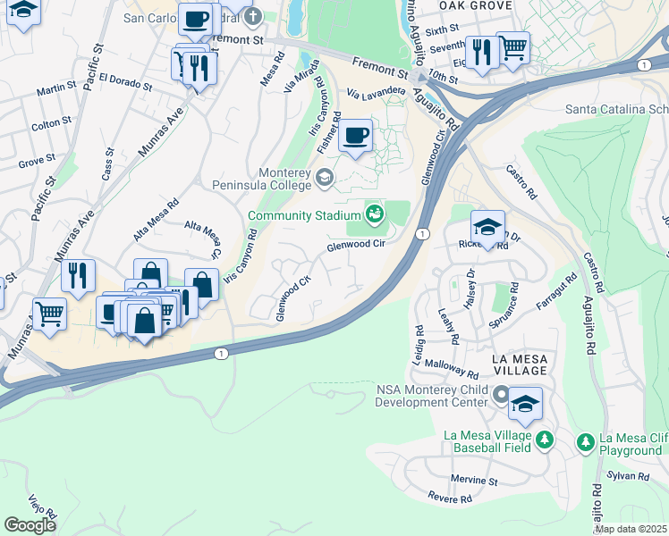 map of restaurants, bars, coffee shops, grocery stores, and more near 300 Glenwood Circle in Monterey