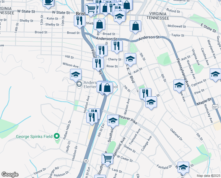 map of restaurants, bars, coffee shops, grocery stores, and more near 577 English Street in Bristol