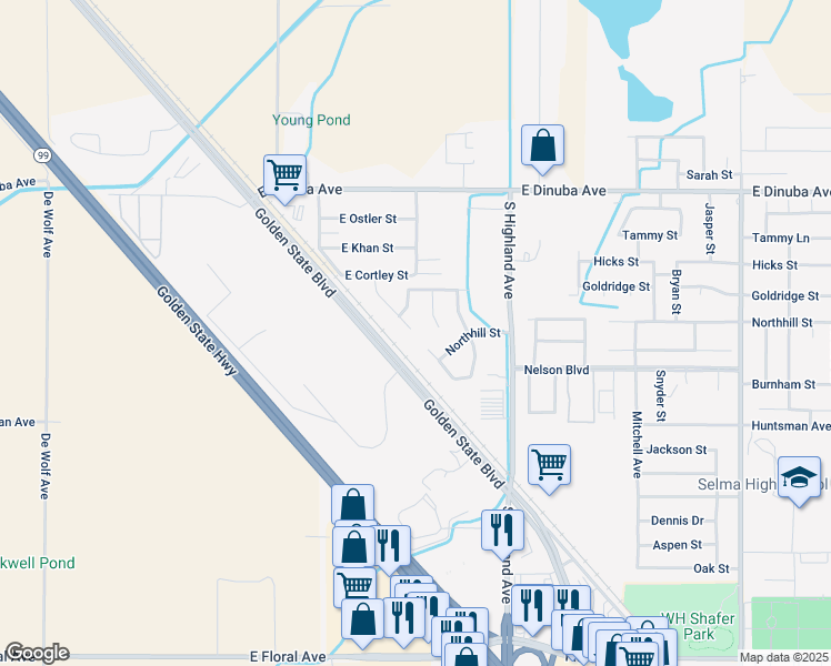 map of restaurants, bars, coffee shops, grocery stores, and more near 3603 N Chandler Ct in Selma