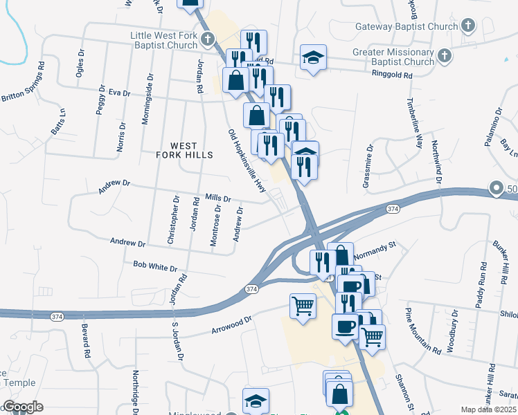 map of restaurants, bars, coffee shops, grocery stores, and more near 202 Mills Drive in Clarksville