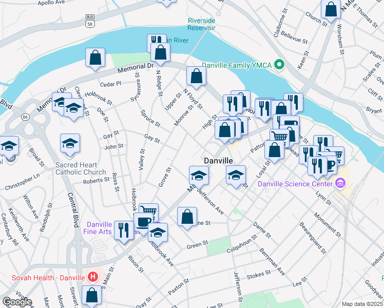 map of restaurants, bars, coffee shops, grocery stores, and more near 701 Edwin Court in Danville