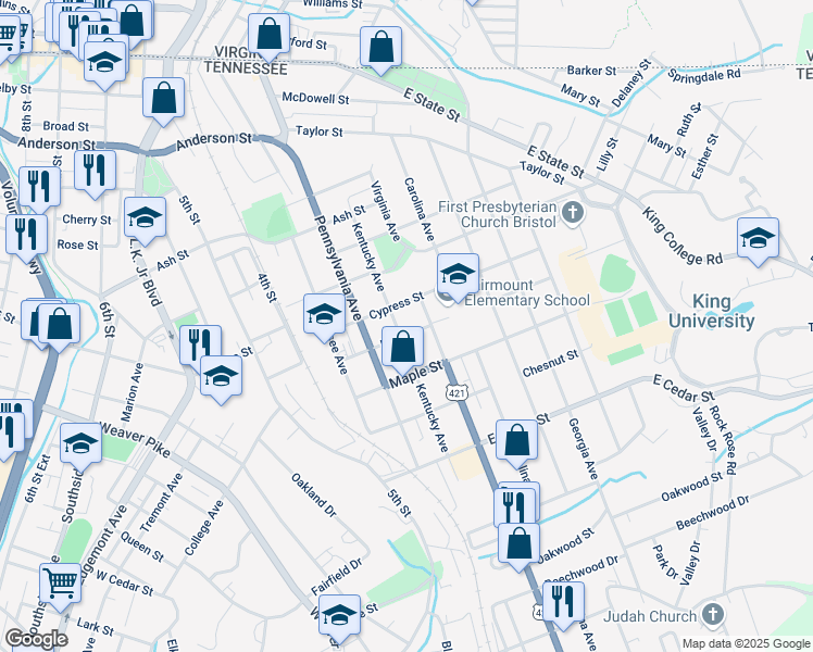 map of restaurants, bars, coffee shops, grocery stores, and more near 825 Kentucky Avenue in Bristol