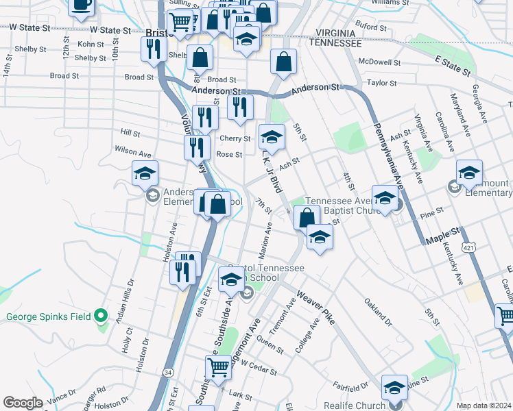 map of restaurants, bars, coffee shops, grocery stores, and more near 708 Southside Avenue in Bristol