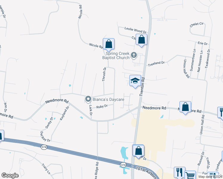 map of restaurants, bars, coffee shops, grocery stores, and more near 2802 Thrush Drive in Clarksville