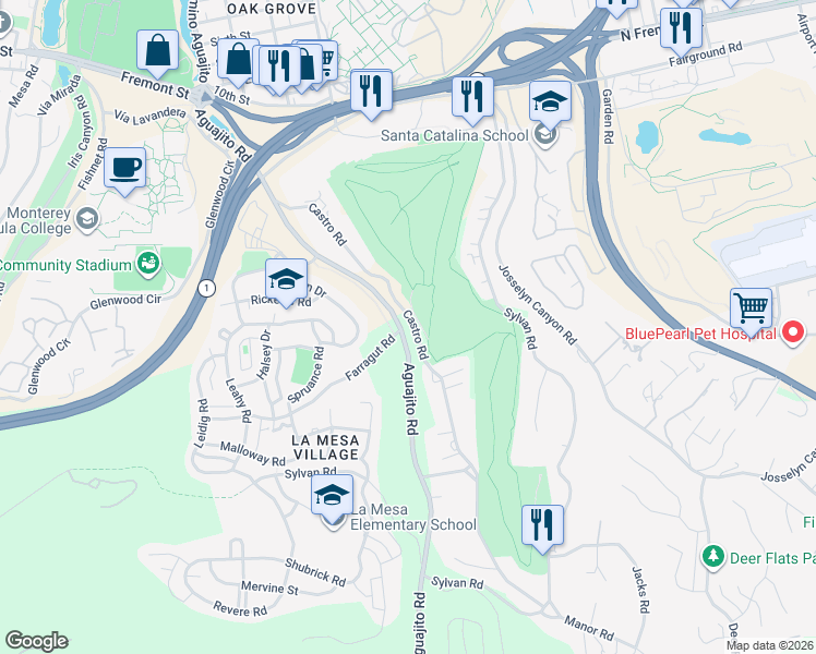 map of restaurants, bars, coffee shops, grocery stores, and more near 1258-1296 Aguajito Road in Monterey
