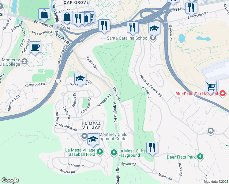 map of restaurants, bars, coffee shops, grocery stores, and more near 1100 Castro Road in Monterey