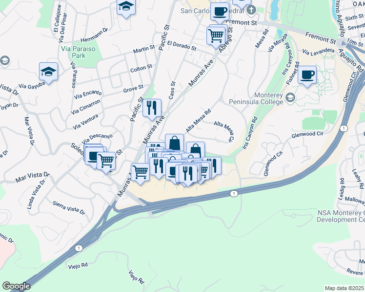 map of restaurants, bars, coffee shops, grocery stores, and more near 1189 Alta Mesa Road in Monterey