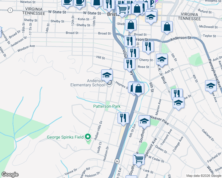 map of restaurants, bars, coffee shops, grocery stores, and more near 901 9th Street in Bristol