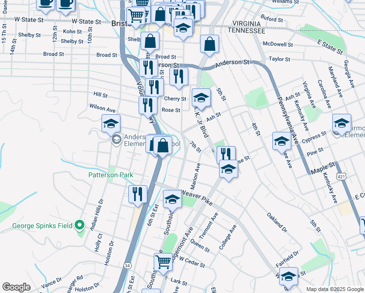 map of restaurants, bars, coffee shops, grocery stores, and more near 708 Southside Avenue in Bristol