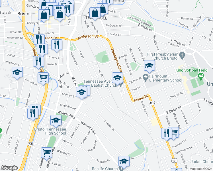 map of restaurants, bars, coffee shops, grocery stores, and more near 798 4th Street in Bristol