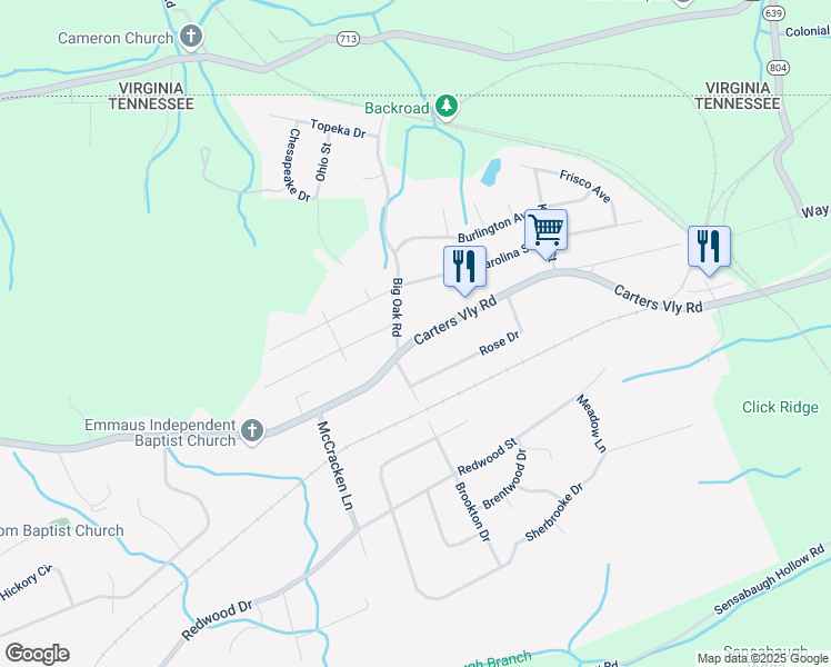map of restaurants, bars, coffee shops, grocery stores, and more near Carters Valley Road in Church Hill
