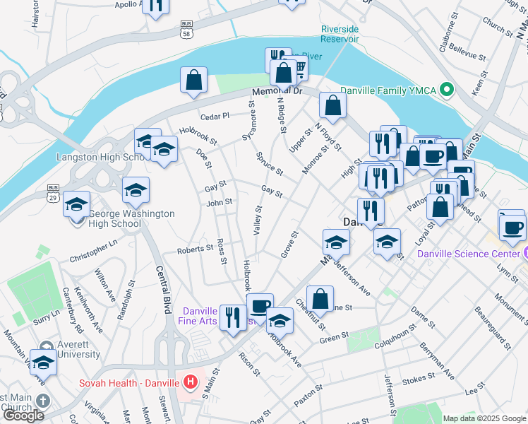 map of restaurants, bars, coffee shops, grocery stores, and more near 843 Valley Street in Danville