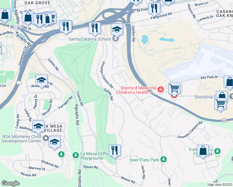 map of restaurants, bars, coffee shops, grocery stores, and more near 1198 Josselyn Canyon Road in Monterey