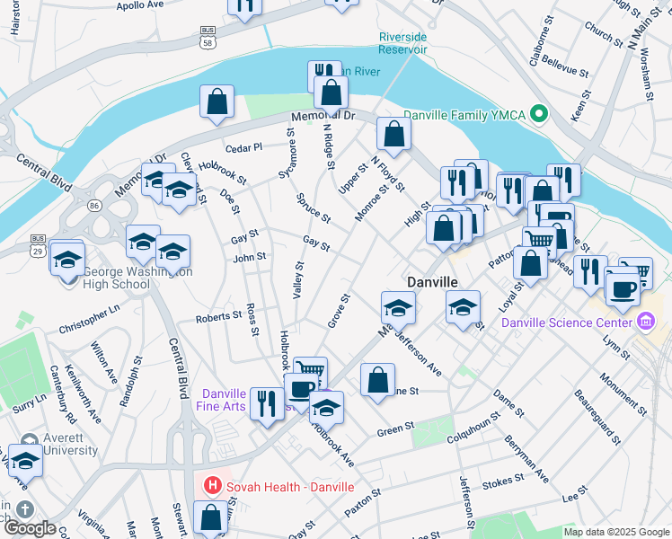 map of restaurants, bars, coffee shops, grocery stores, and more near 817 Monroe Street in Danville
