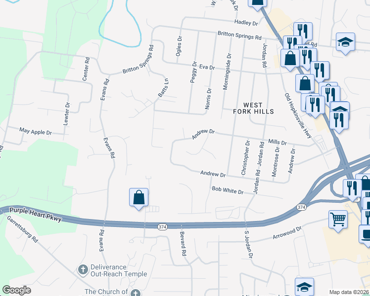 map of restaurants, bars, coffee shops, grocery stores, and more near 416 Athena Drive in Clarksville