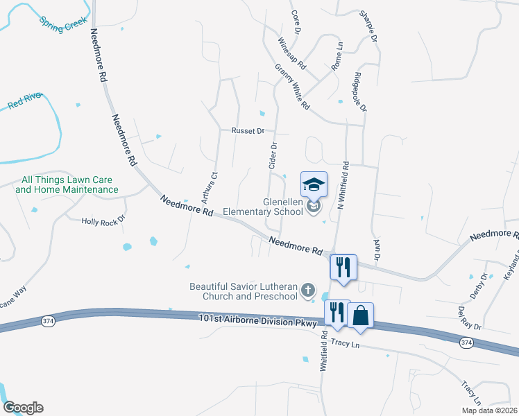 map of restaurants, bars, coffee shops, grocery stores, and more near 2611 Cider Drive in Clarksville