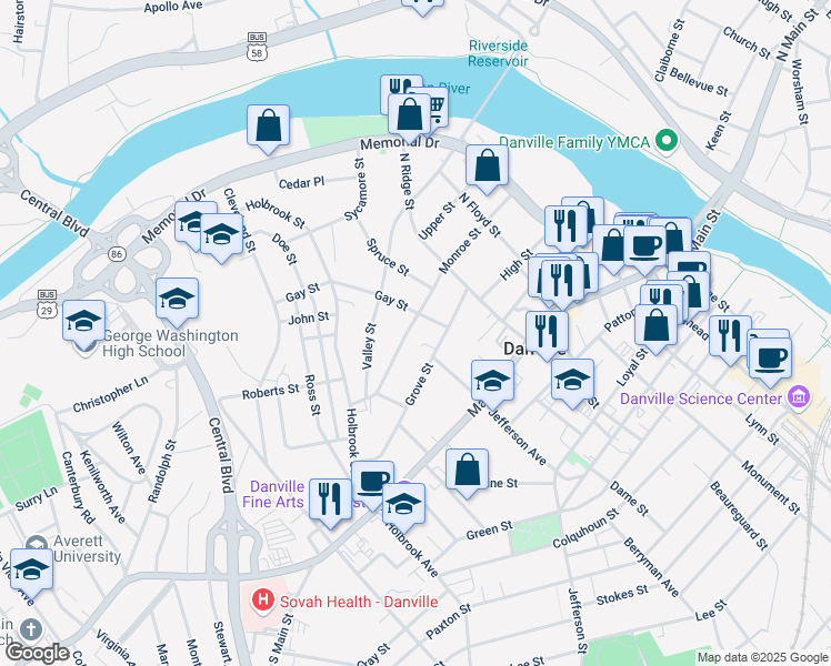 map of restaurants, bars, coffee shops, grocery stores, and more near 817 Monroe Street in Danville
