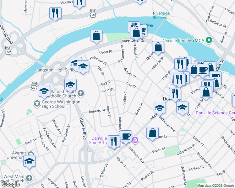 map of restaurants, bars, coffee shops, grocery stores, and more near 424 Holbrook Street in Danville