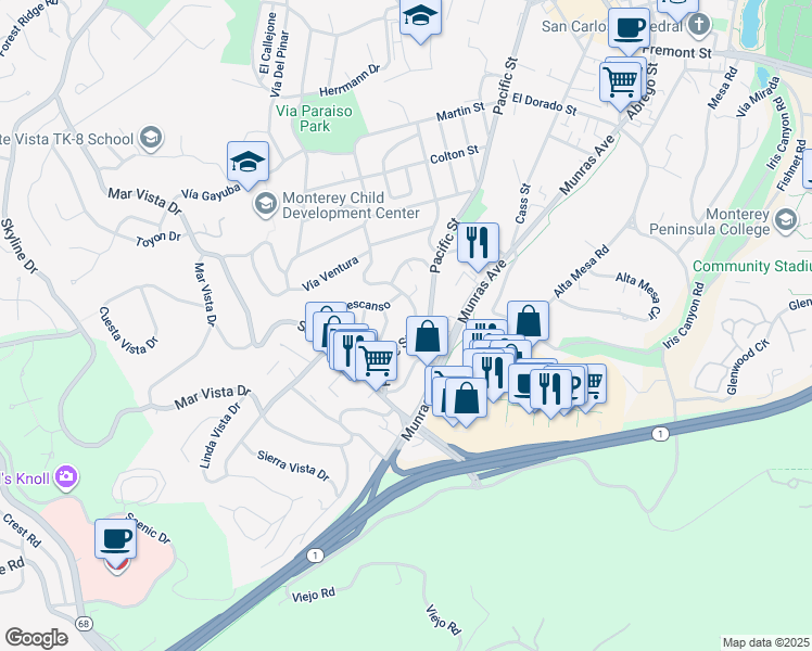 map of restaurants, bars, coffee shops, grocery stores, and more near 480 San Bernabe Drive in Monterey