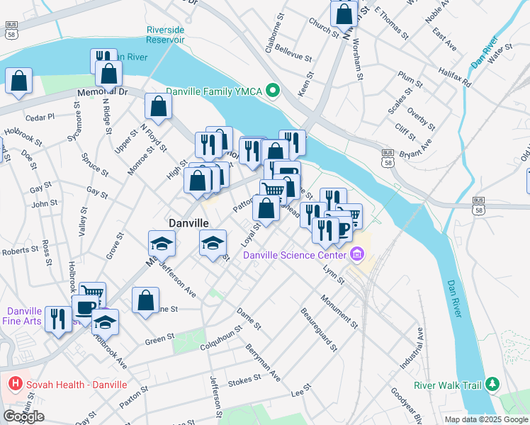 map of restaurants, bars, coffee shops, grocery stores, and more near 227 Lynn Street in Danville