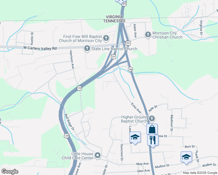 map of restaurants, bars, coffee shops, grocery stores, and more near 133 Gilmer Street in Kingsport