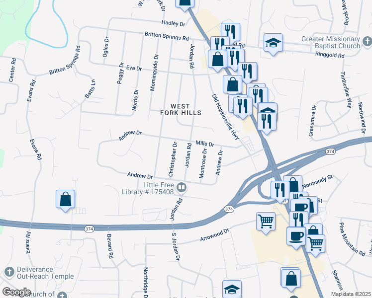 map of restaurants, bars, coffee shops, grocery stores, and more near 403 Jordan Road in Clarksville