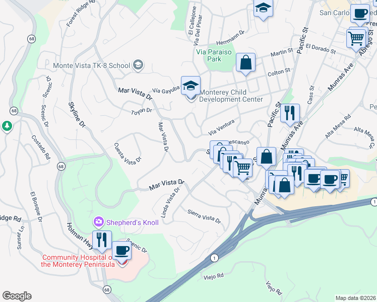 map of restaurants, bars, coffee shops, grocery stores, and more near 206 Soledad Drive in Monterey