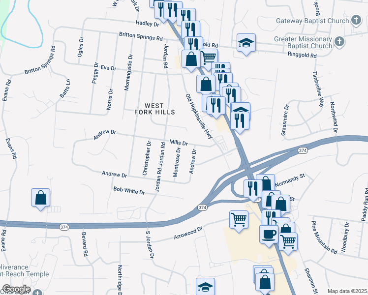 map of restaurants, bars, coffee shops, grocery stores, and more near 212 Mills Drive in Clarksville