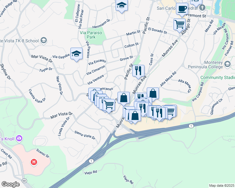 map of restaurants, bars, coffee shops, grocery stores, and more near 480 San Bernabe Drive in Monterey
