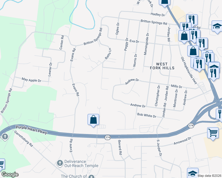 map of restaurants, bars, coffee shops, grocery stores, and more near 360 Andrew Drive in Clarksville