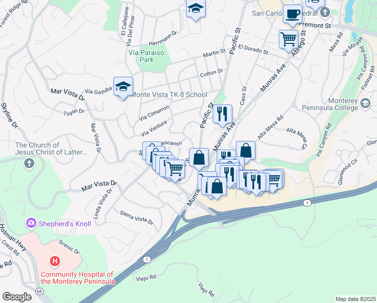 map of restaurants, bars, coffee shops, grocery stores, and more near 480 San Bernabe Drive in Monterey