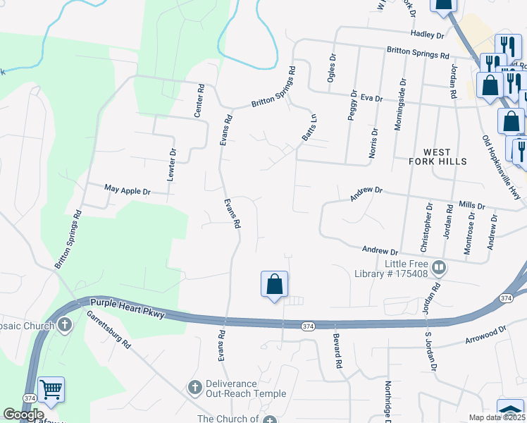 map of restaurants, bars, coffee shops, grocery stores, and more near 1121 Timber Ridge Drive in Clarksville