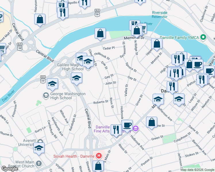 map of restaurants, bars, coffee shops, grocery stores, and more near 361 Ross Street in Danville