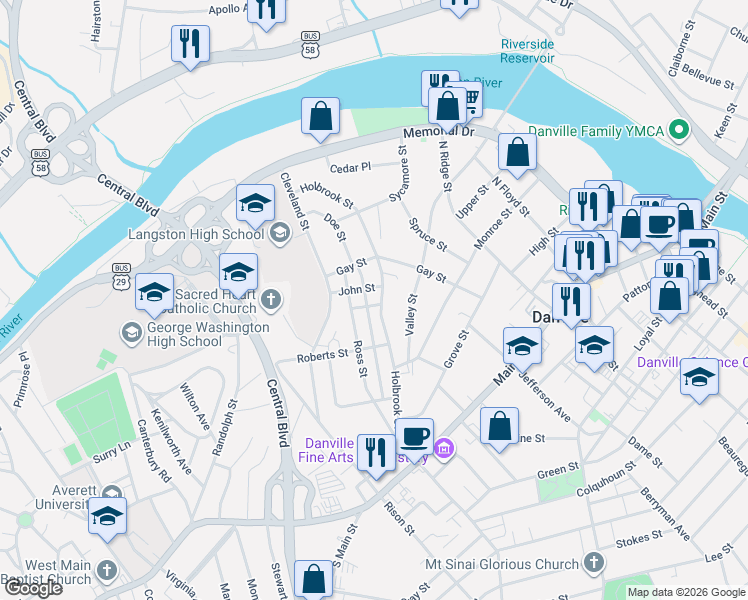 map of restaurants, bars, coffee shops, grocery stores, and more near 424 Holbrook Street in Danville
