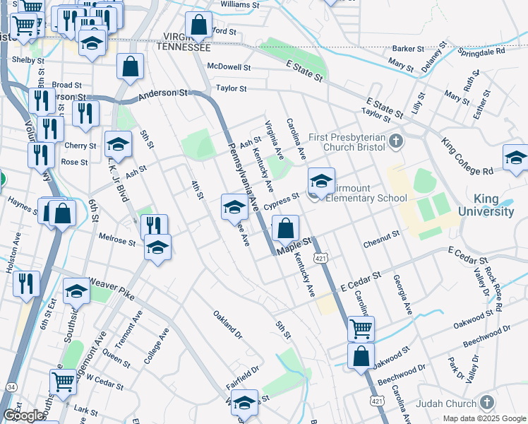 map of restaurants, bars, coffee shops, grocery stores, and more near 801 Pennsylvania Avenue in Bristol