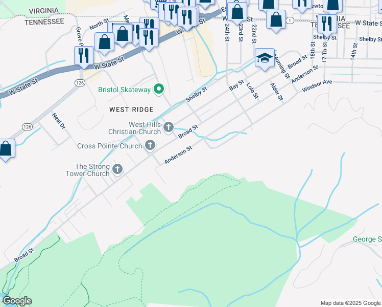 map of restaurants, bars, coffee shops, grocery stores, and more near 2620 Anderson St in Bristol