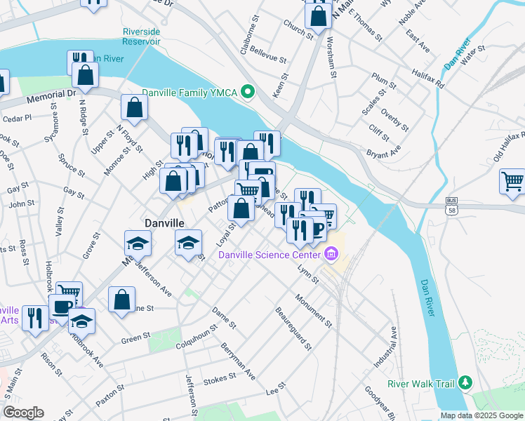 map of restaurants, bars, coffee shops, grocery stores, and more near 318 Craghead Street in Danville