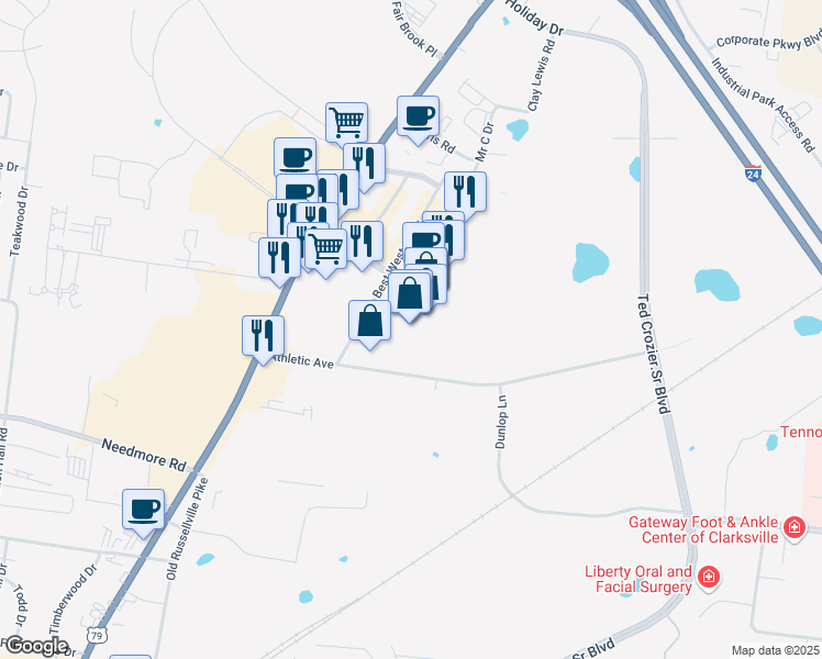 map of restaurants, bars, coffee shops, grocery stores, and more near 2801 Wilma Rudolph Boulevard in Clarksville