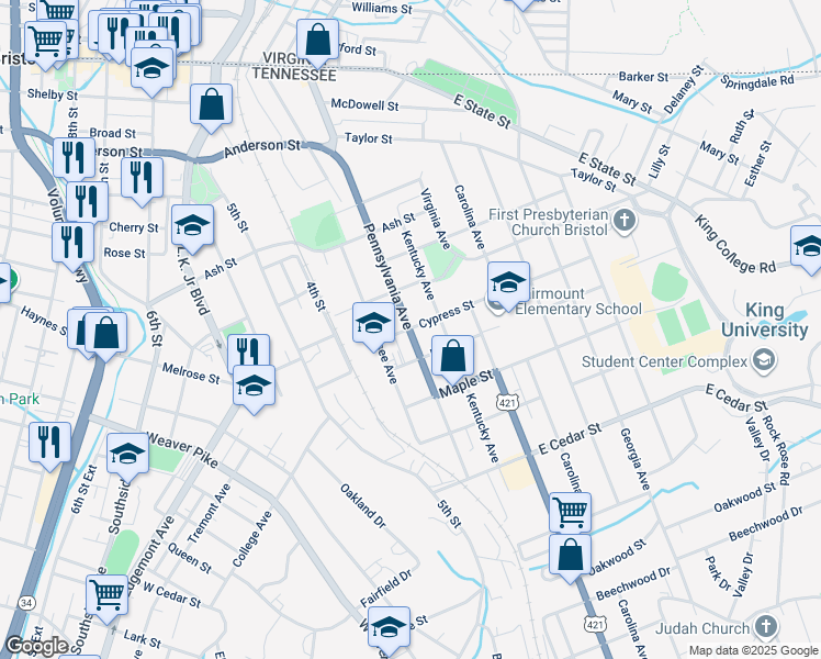 map of restaurants, bars, coffee shops, grocery stores, and more near 801 Pennsylvania Avenue in Bristol