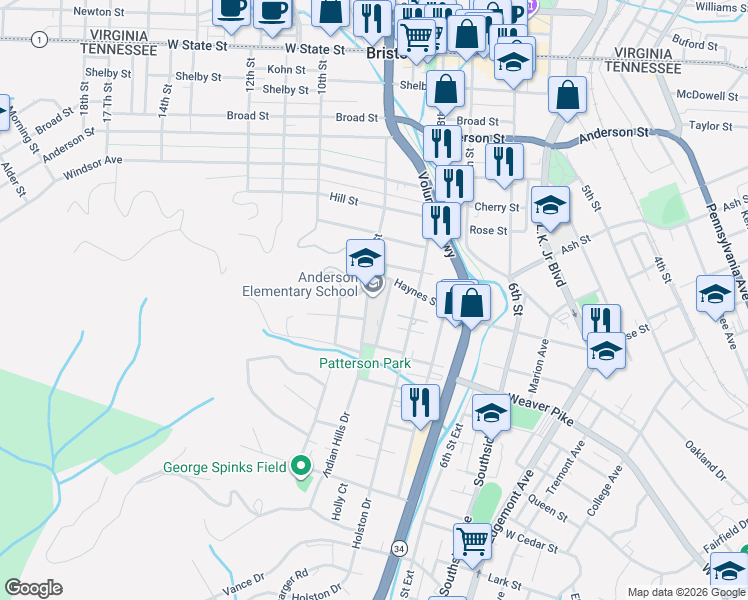 map of restaurants, bars, coffee shops, grocery stores, and more near 801-899 9th St in Bristol