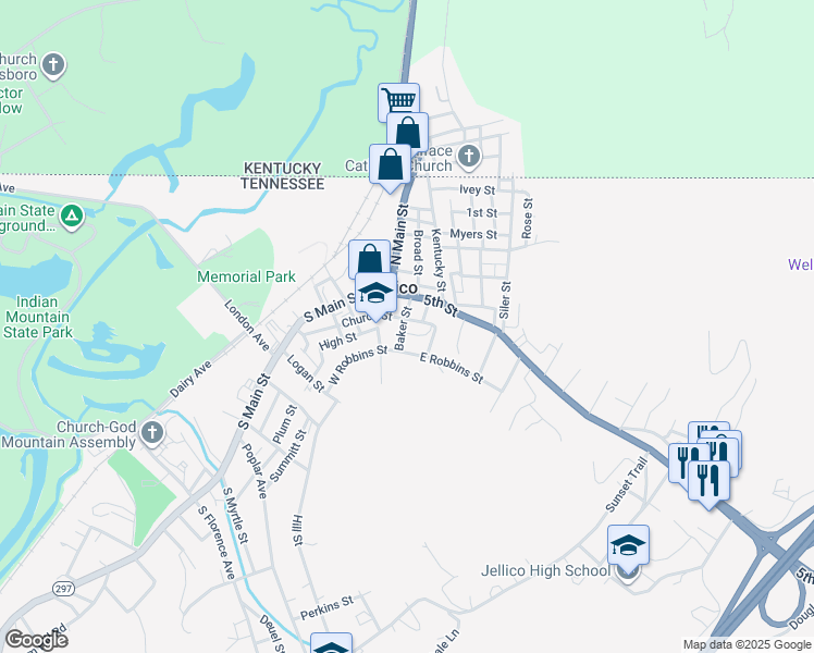 map of restaurants, bars, coffee shops, grocery stores, and more near 214 Baptist St in Jellico